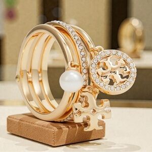 Tory Burch Gold Tone Miller Pave Charm Stack Ring Size 8 NWT